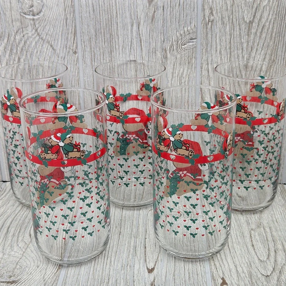 Tienshan Country Christmas Teddy Bear Present Glass Tumblers Set of 5 Drinkware